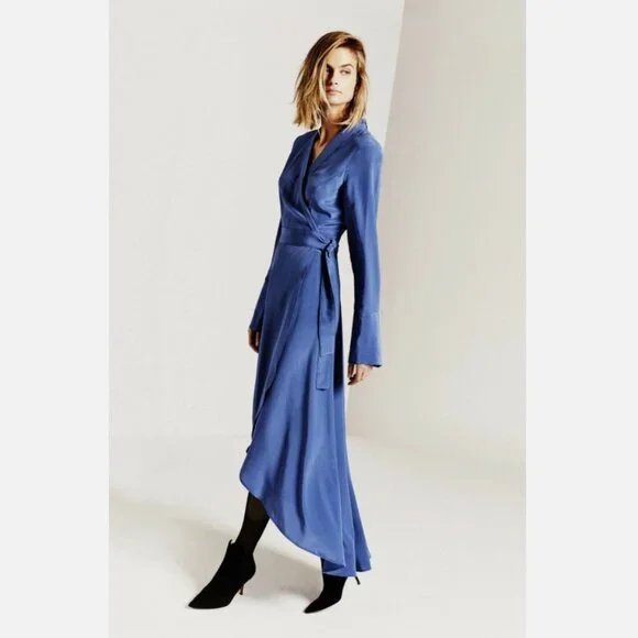 NWT Equipment Gowin Silk Wrap High Low Hem Midi Dress Letterman Blue XS, S $428 - Picture 2 of 10
